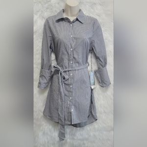 Iris Los Angeles Black White Stripe Button Up Striped T Shirt Belted Dress Tunic